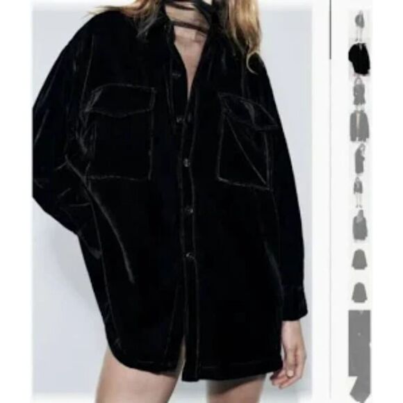 Zara Women Black Velvet Button Down Shacket (Shirt/Jacket Combo) size Large - Picture 1 of 9